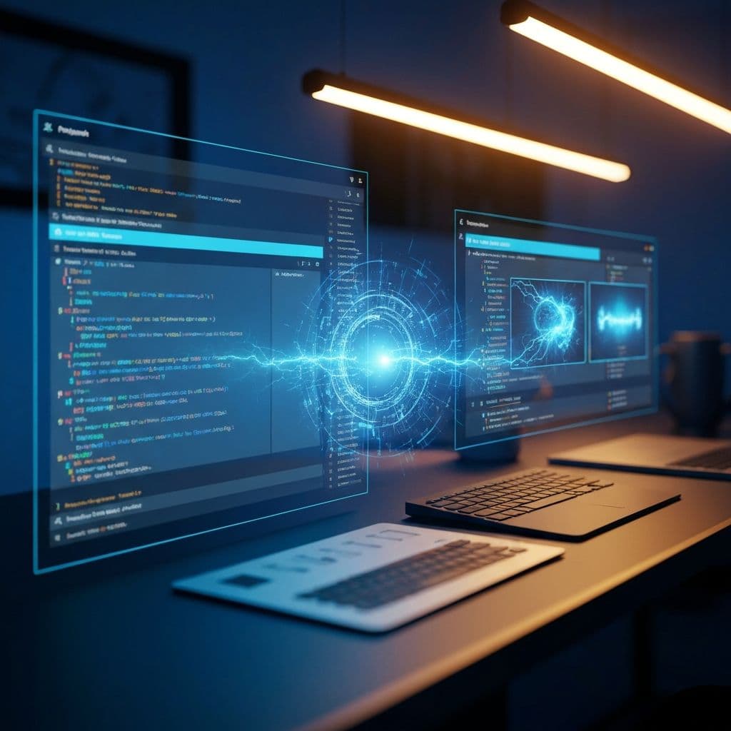 AI prompt engineering interface showing prompts transforming into creative visual content in a futuristic agency workspace