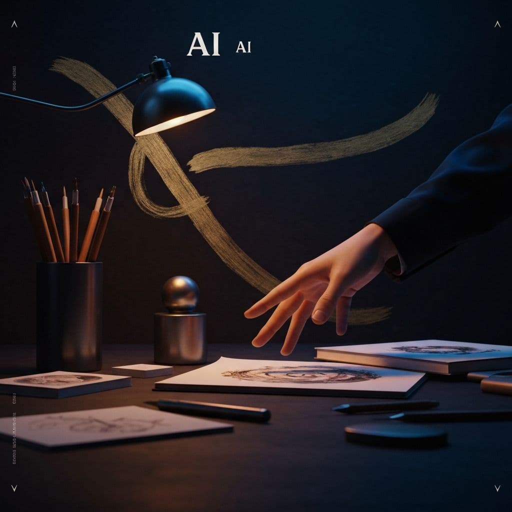 Balance between AI and human creativity showing human hand guiding AI-generated art with artistic taste and curation