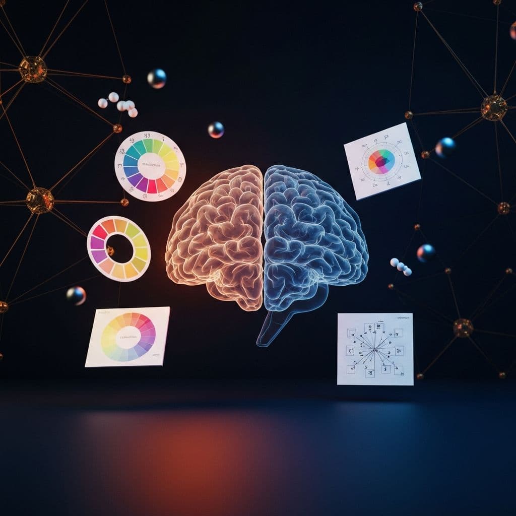 Design psychology visualization showing brain merged with color theory wheels, typography specimens, and visual hierarchy diagrams