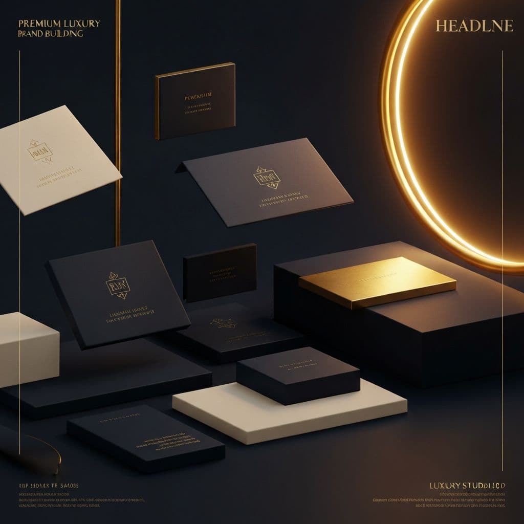 Premium luxury brand building showing elegant brand identity elements with embossed business cards and gold foil packaging