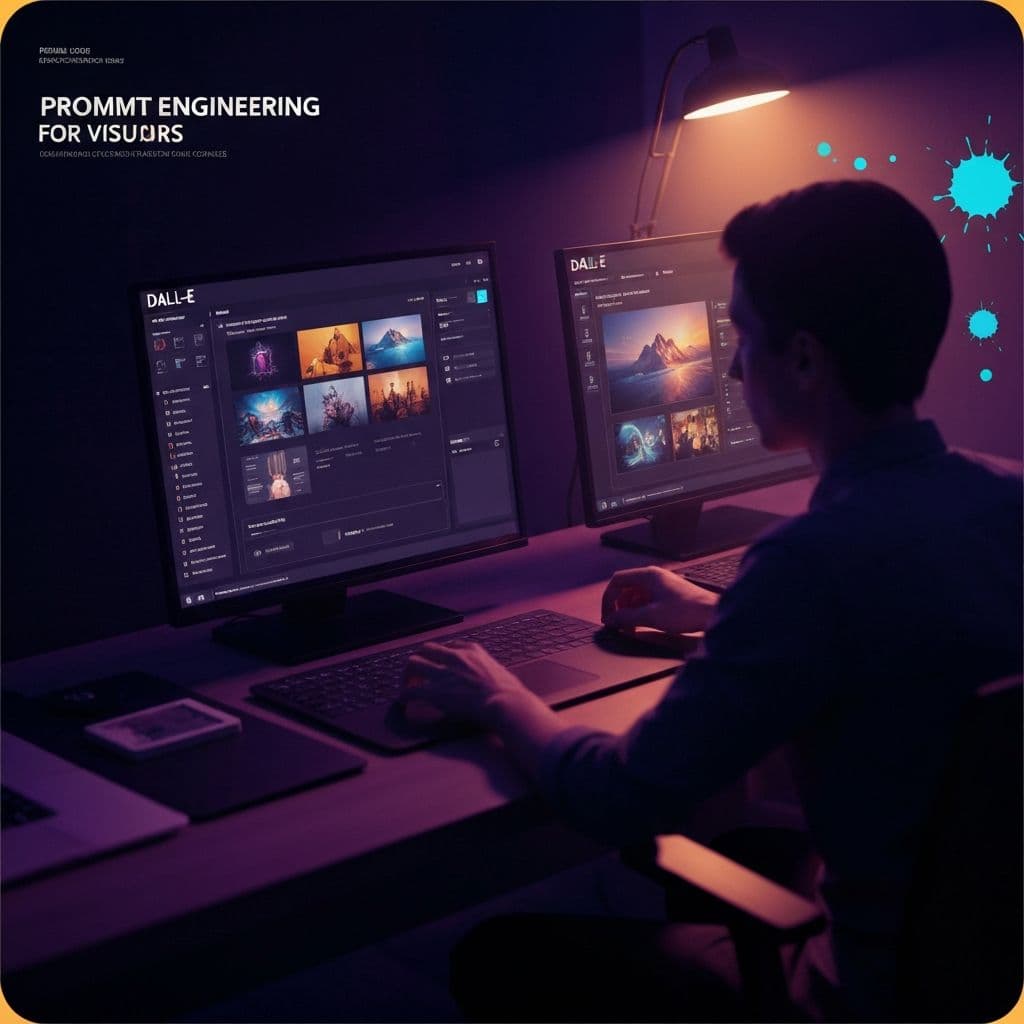 Prompt engineering for designers showing Midjourney and DALL-E interfaces transforming text prompts into visual imagery