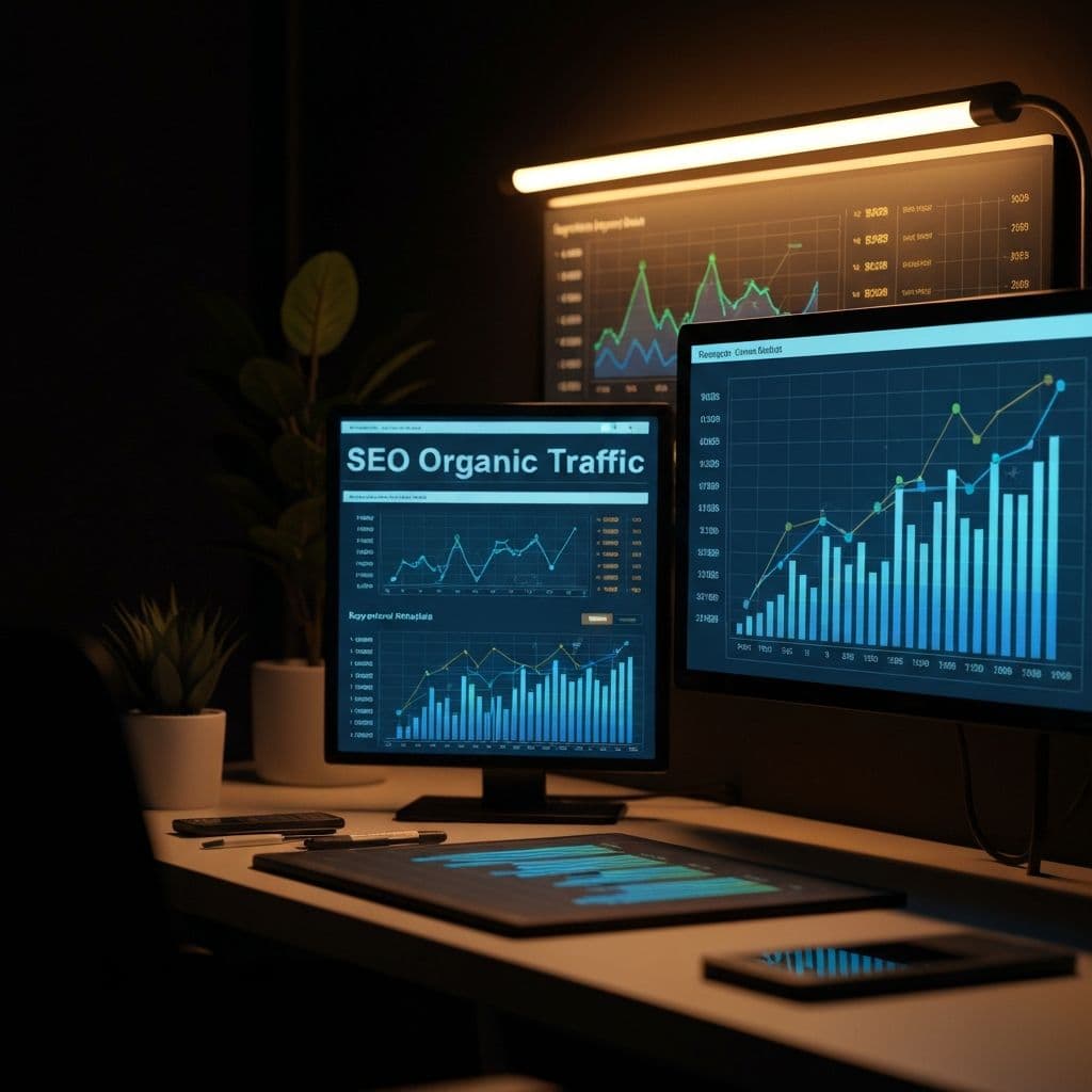 SEO strategy for creative agencies showing search rankings and keyword visualizations with organic traffic growth charts